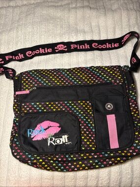 Pink Cookie Black Crossbody Bag with Multicolor Heart Print and Pink Strap